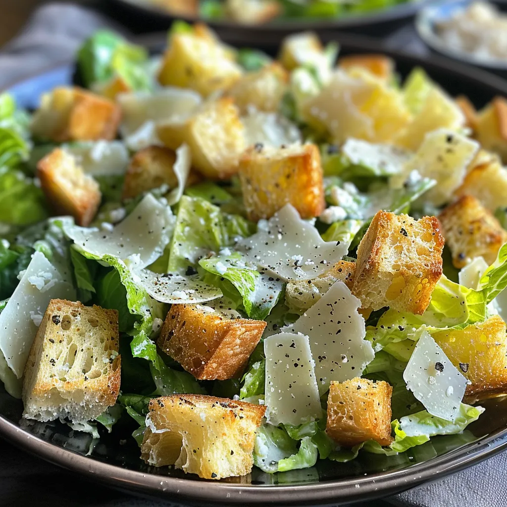 Close-up of a delicious Caesar salad garnished with parmesan and fresh ingredients.