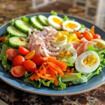 Juicy Chef Salad displayed with an assortment of fresh ingredients and dressing drizzled.