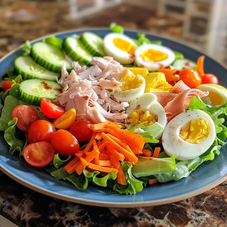 Gathering Around the Table: A Heartfelt Chef Salad Recipe Juicy Chef Salad displayed with an assortment of fresh ingredients and dressing drizzled.