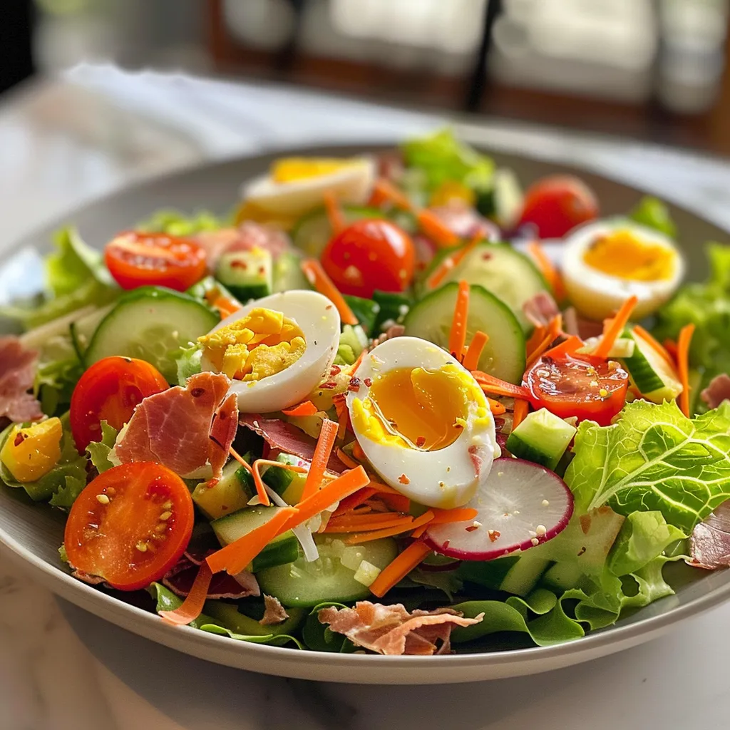 Detailed capture of a Chef Salad, showcasing mixed greens and a variety of toppings.