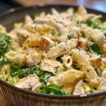 Side view of a delicious Chicken Caesar Pasta Salad, highlighting cooked pasta and croutons.