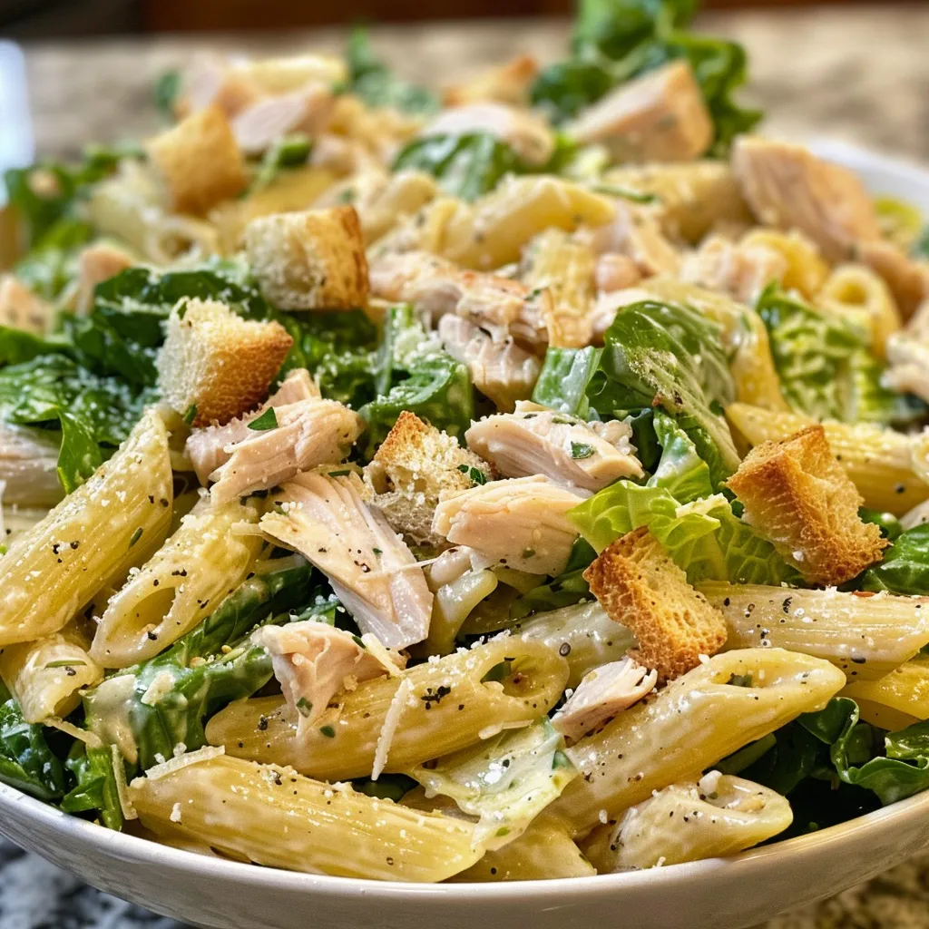 Tasty Chicken Caesar Pasta Salad featuring chopped Romaine, Parmesan cheese, and Caesar dressing.