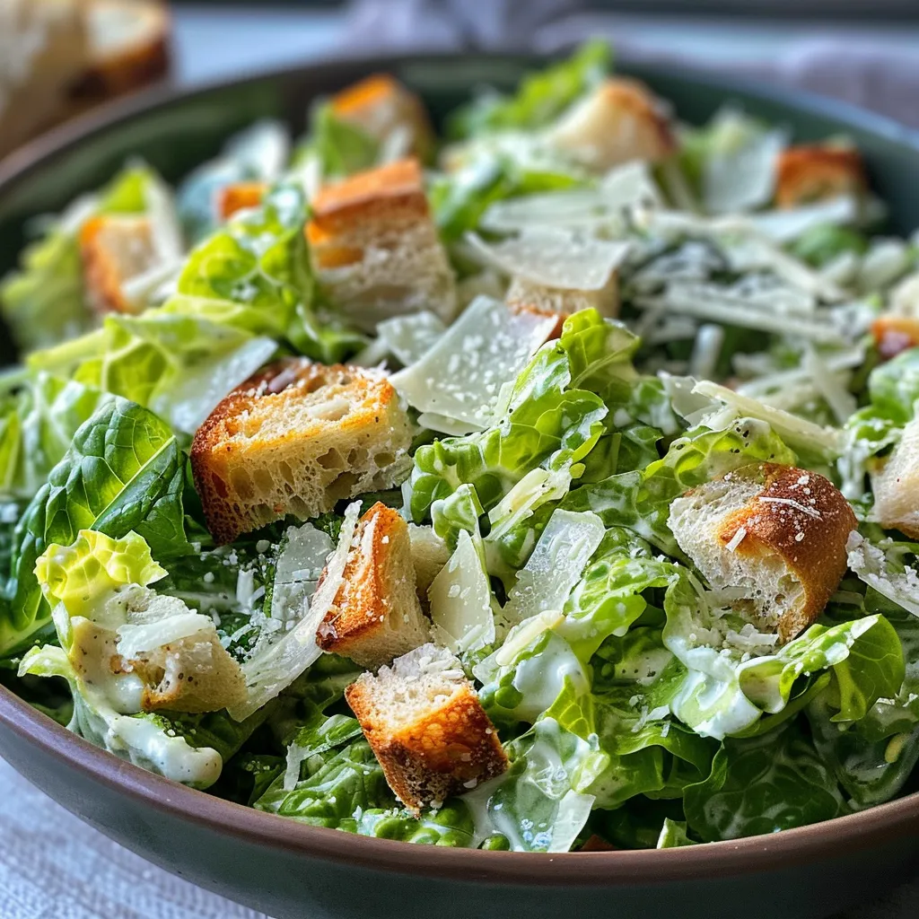 A side view of a Classic Caesar Salad with a mix of lettuce, croutons, and a sprinkle of Parmesan cheese.