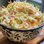 Side angle of vibrant coleslaw, highlighting the fresh ingredients and creamy dressing.