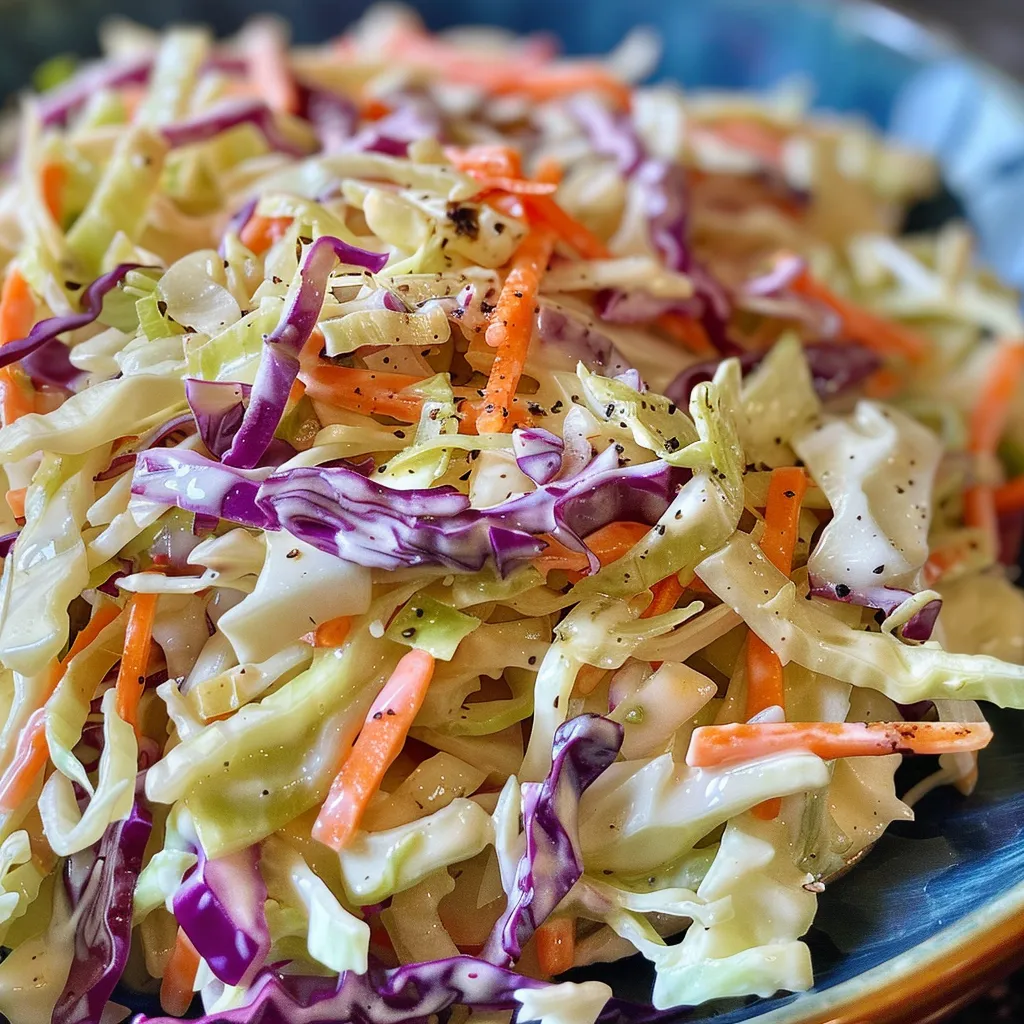 Textured close-up of coleslaw, with visible pieces of cabbage and carrot in a creamy sauce.