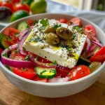 Detailed photo of a classic Greek salad showcasing fresh vegetables and feta, drizzled with olive oil.