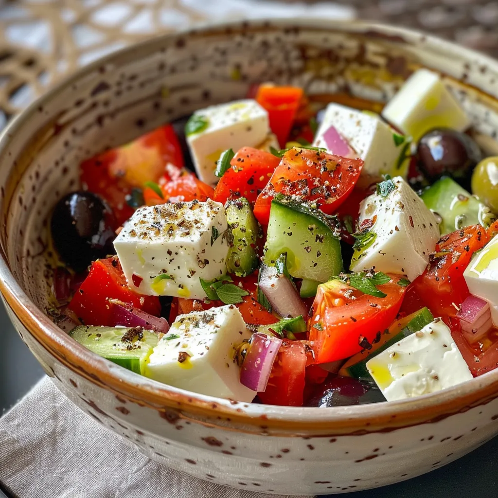 Juicy Greek salad highlighting red onions, ripe tomatoes, and olives, garnished with oregano.