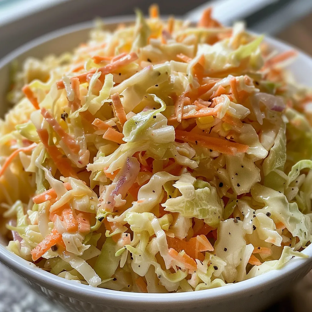 Fresh coleslaw in a bowl, showcasing shredded vegetables and a creamy dressing.