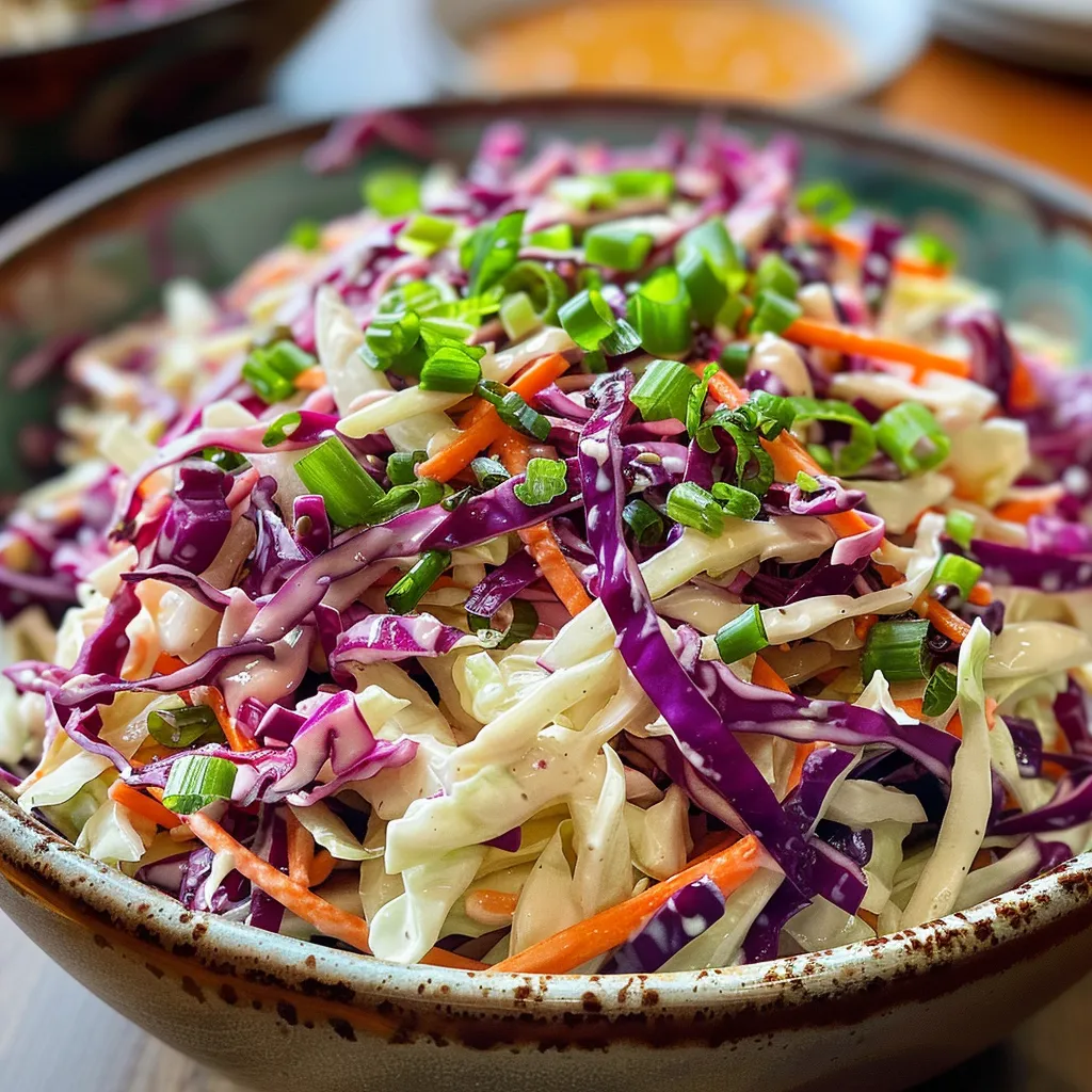 Detailed side view of a coleslaw dish featuring a mix of green and red cabbage with a creamy texture.
