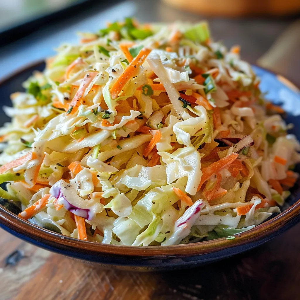 Detailed view of creamy coleslaw with a rich dressing, highlighting its fresh ingredients.