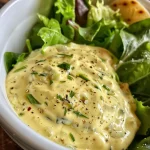 Side view of thick homemade Caesar dressing with a rich, creamy appearance.