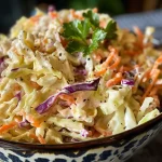 Juicy coleslaw with finely shredded cabbage and colorful carrots, presented in a clear bowl.