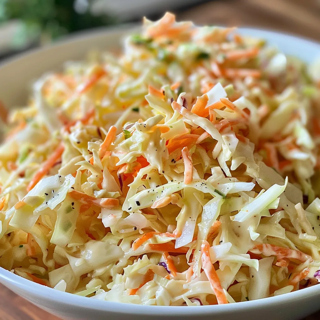 A detailed view of creamy coleslaw mixing different textures of cabbage and carrots.