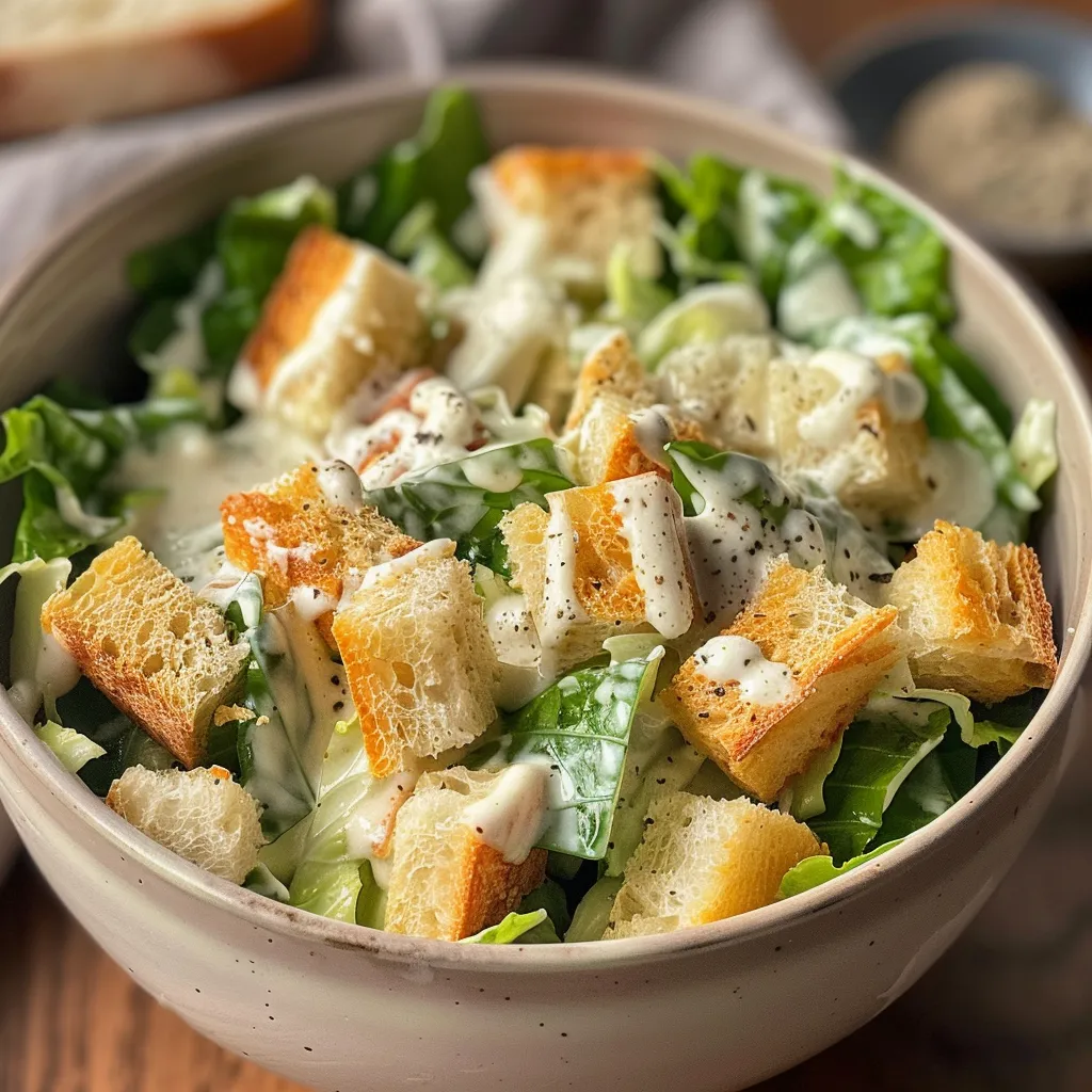 A vibrant bowl of Healthy Caesar Dressing with visible garlic and herbs, ready to serve.