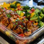 Detailed side view of a nutritious meal in a clear container, highlighting various food textures.