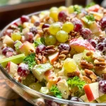 Detailed shot of a Healthy Waldorf Salad featuring creamy dressing and chopped nuts.