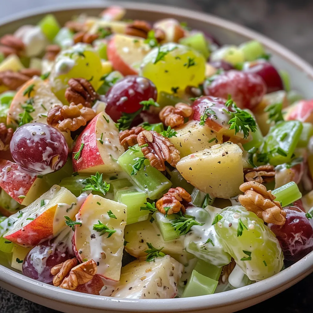 Vibrant salad with tart apples and green celery, garnished with walnuts.