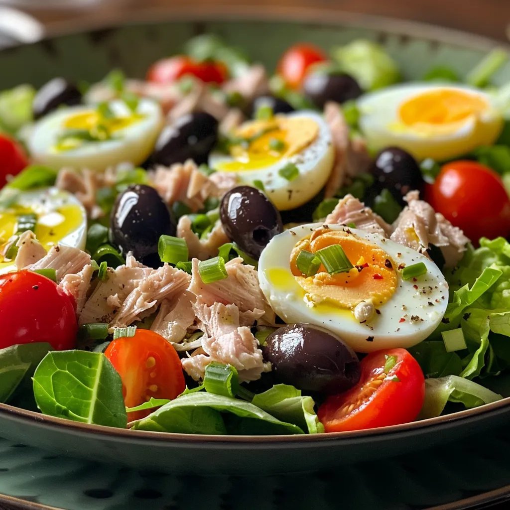 Fresh Niçoise salad presented attractively, highlighting its various components like tomatoes and green beans.