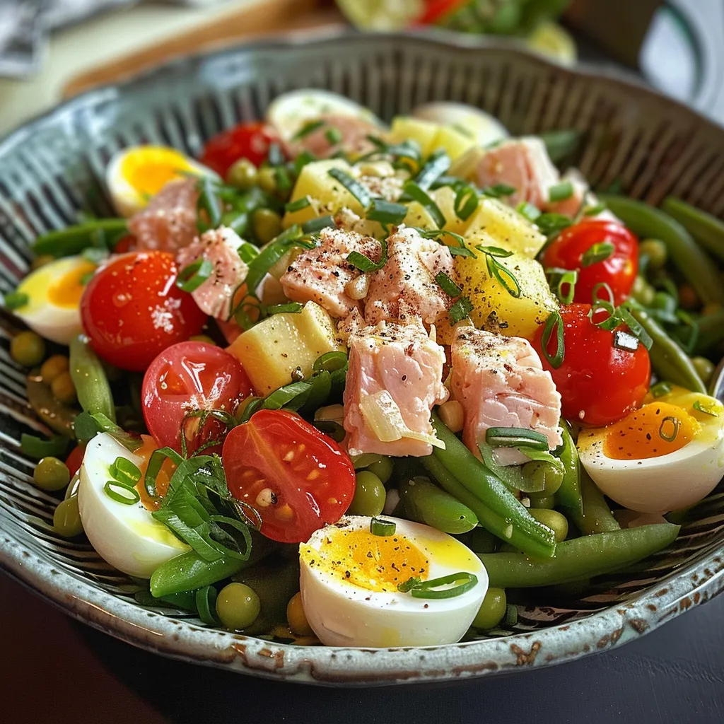 Close-up of a delicious Salade Nicoise with haricots verts, potatoes, and dressing.