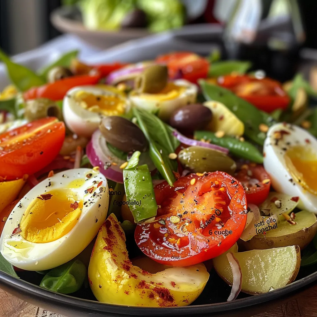 A mouthwatering Salade Niçoise featuring ripe tomatoes, green pepper, and red onion.