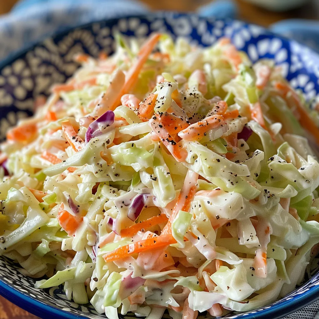 Delicious creamy coleslaw served with a sprinkle of black pepper and celery seeds.
