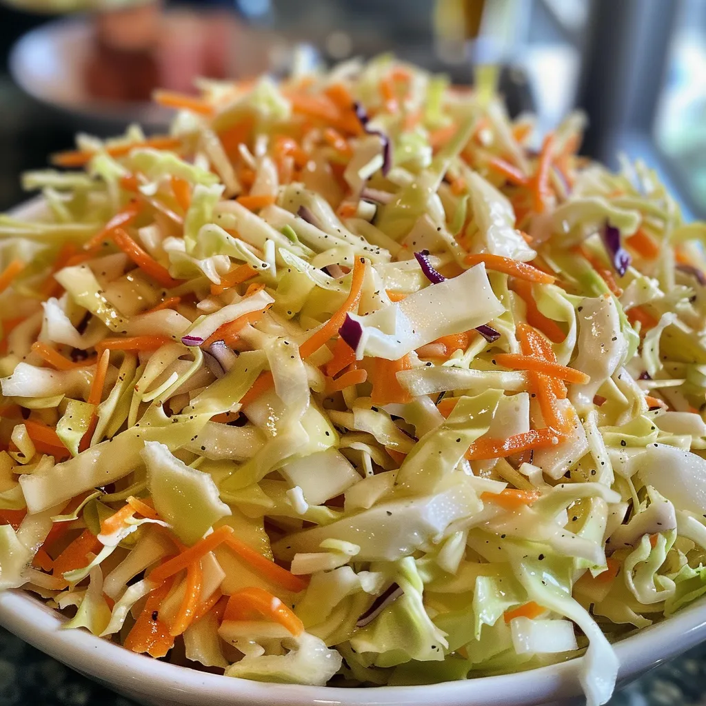 Juicy sweet coleslaw displayed in a bowl, showcasing cabbage and carrot ingredients.