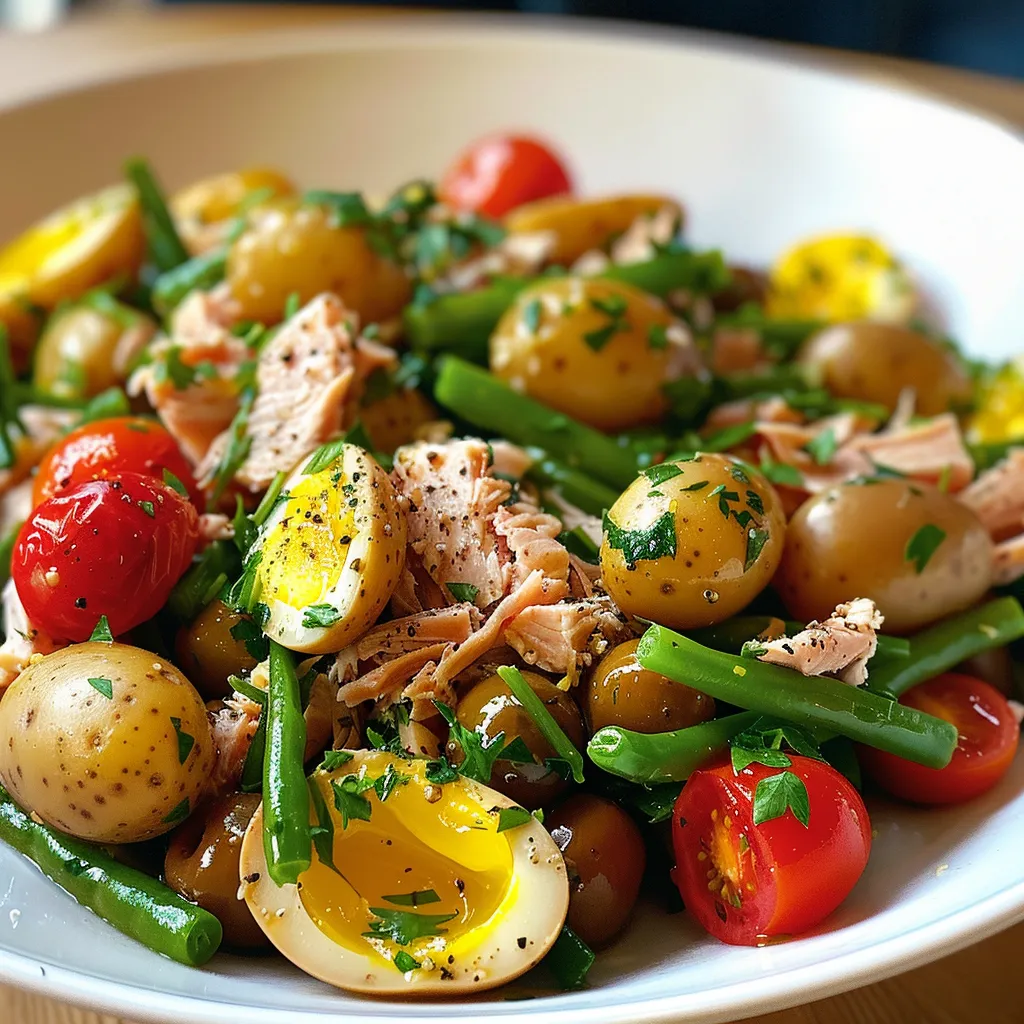 An appetizing plate of Tuna Niçoise salad showcasing potatoes, beans, and cherry tomatoes.