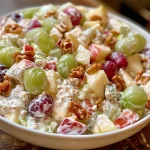 Detailed image of Waldorf Apple Salad with green and red apples, grapes, and nuts arranged attractively.