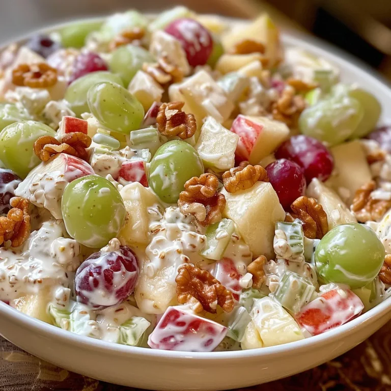 Waldorf Apple Salad: A Family Tradition of Crunchy Sweetness Detailed image of Waldorf Apple Salad with green and red apples, grapes, and nuts arranged attractively.