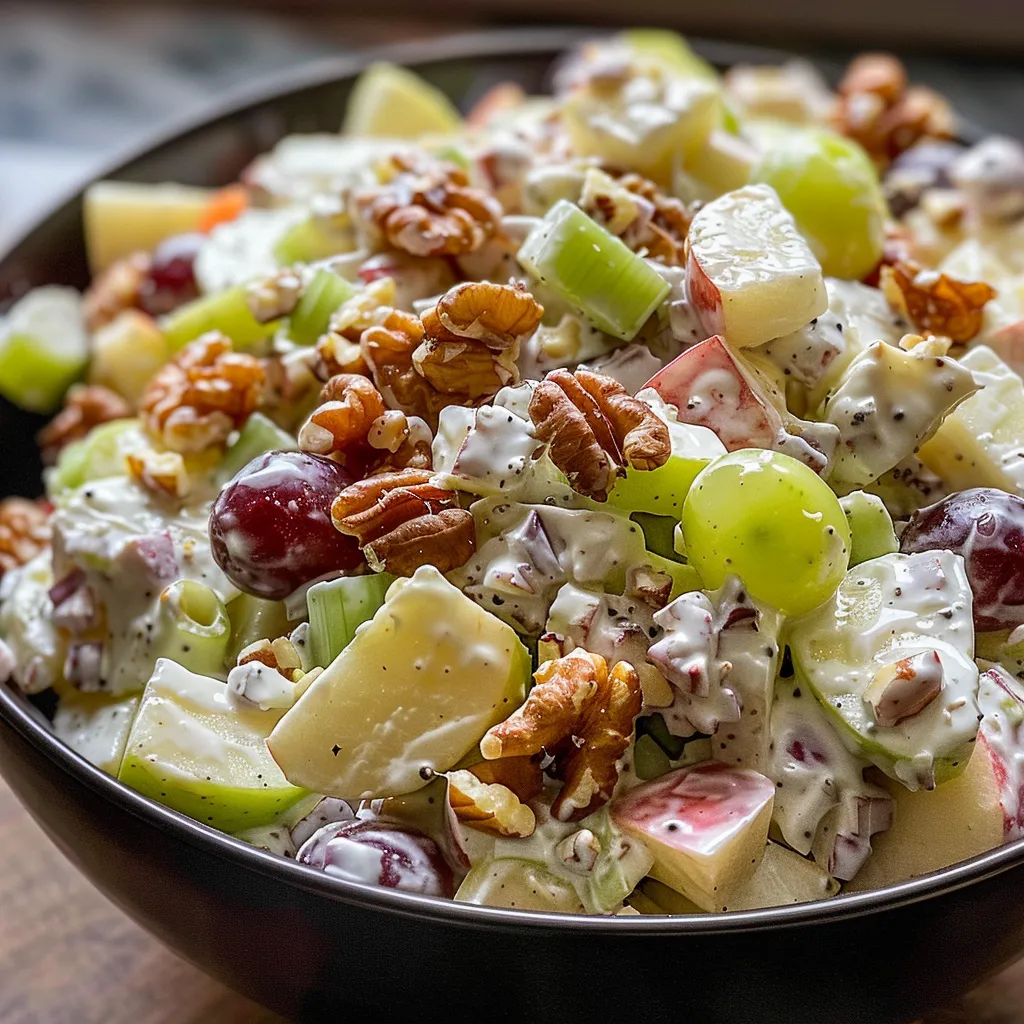 Juicy Waldorf Apple Salad close-up highlighting its ingredients and creamy texture.