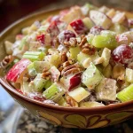 Side view of a bowl filled with Waldorf salad, showcasing its fresh ingredients like apples, grapes, and nuts.