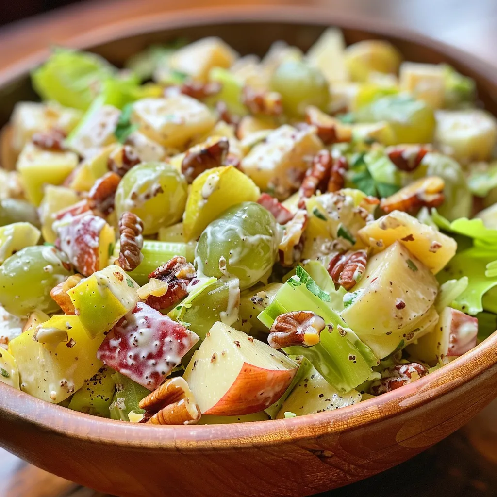 Delicious Waldorf salad displayed attractively with diced apples, celery, grapes, and toasted walnuts.