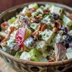 Detailed look at a Waldorf salad with yogurt, displaying fresh ingredients like red apples, grapes, and walnuts.