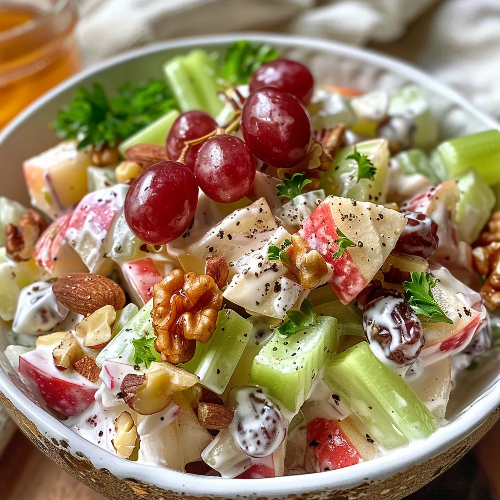 A fresh Waldorf salad in a bowl, highlighting diced apples and grapes mixed with a creamy yogurt dressing.