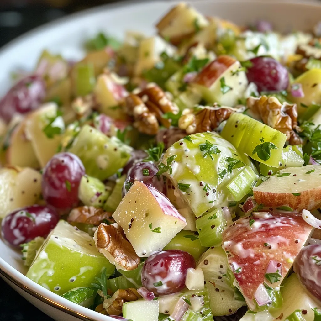 A detailed look at a Waldorf Salad, highlighting apple slices and creamy yogurt dressing.
