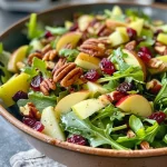 Side view of a colorful salad showcasing a mix of arugula, apple slices, and bright red cranberries.