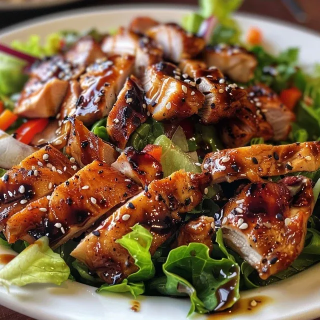 A Family Table Delight: Honey Hot Chicken Salad That Brings Us Together Close-up image showing juicy chicken pieces, greens, and honey sauce in a salad.
