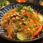 A side view of a fresh Thai salad, showcasing colorful ingredients like cucumber and carrots.