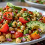 A side view of a freshly prepared Avocado Chickpea Salad showcasing bright greens and diced vegetables.