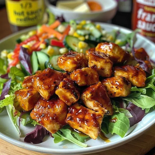 Juicy, golden-brown chicken pieces in a Spicy Sweet Honey Hot Chicken Salad, surrounded by fresh greens.