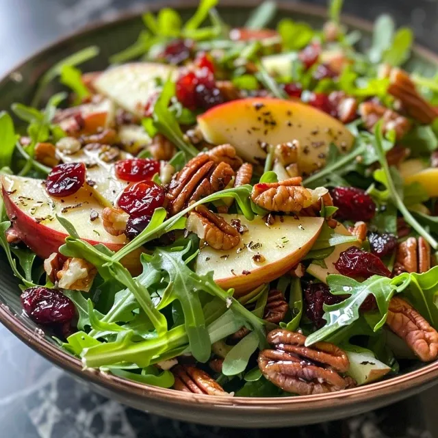A delicious harvest salad overflowing with fresh ingredients like apples, cranberries, and pecans.