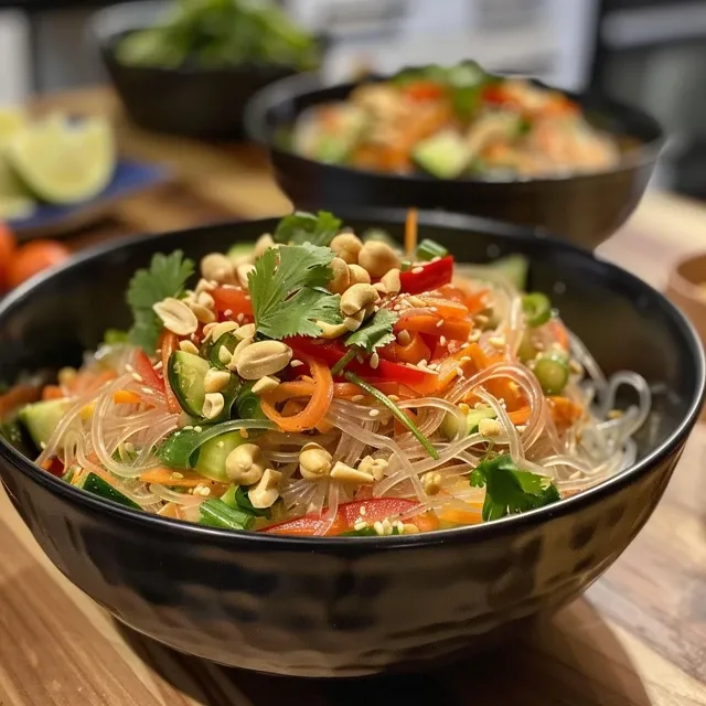A detailed image of a creamy and crunchy Thai Peanut Glass Noodle Salad with garnishes.