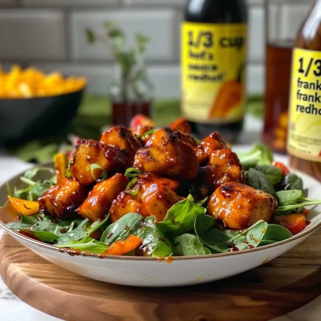 Close-up of a salad with tender chicken, honey drizzle, and mixed greens, showcasing the spicy-sweet flavor profile.