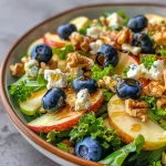 Side view of a colorful salad with spring mix, nuts, and a honey balsamic dressing.