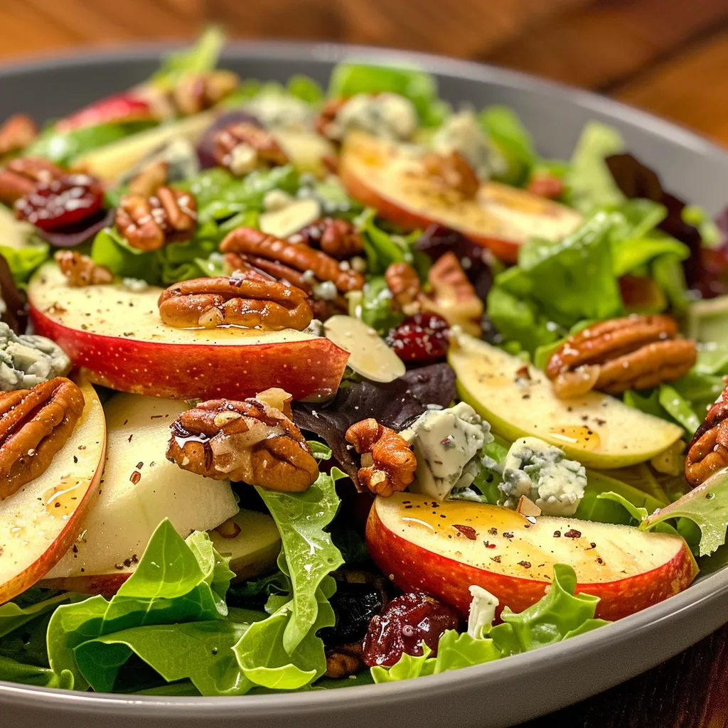 Juicy apple pecan salad served in a rustic bowl, highlighting its textures.