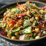 Detailed image of shredded cucumber, carrots, and chickpeas mixed together in a sesame dressing.