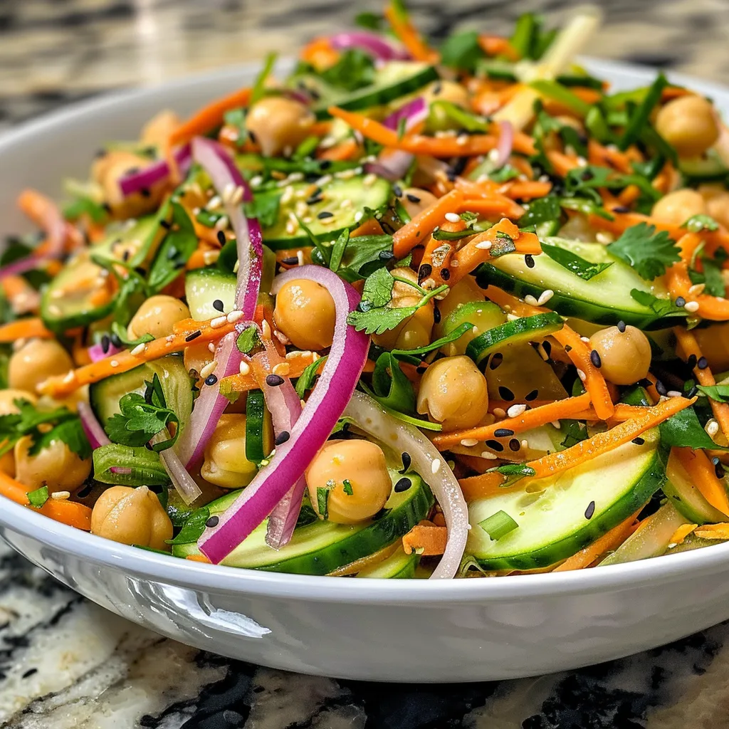 Fresh Asian slaw with cucumber, chickpeas, and red onion, highlighting its textures and colors.
