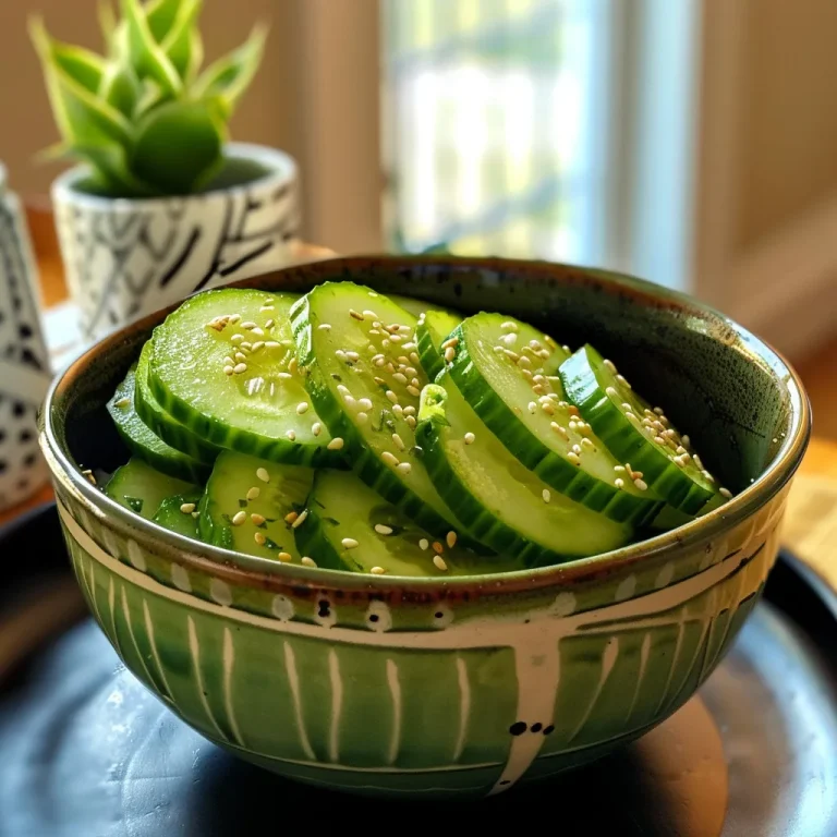 Juicy Asian cucumber salad displayed with cucumber slices, sesame oil, and red pepper flakes.