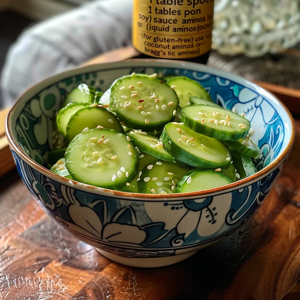 Freshly prepared Asian cucumber salad in a bowl, showcasing cucumbers and spices.