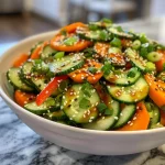 Detailed close-up showing sliced cucumbers and colorful veggies in a sesame dressing.